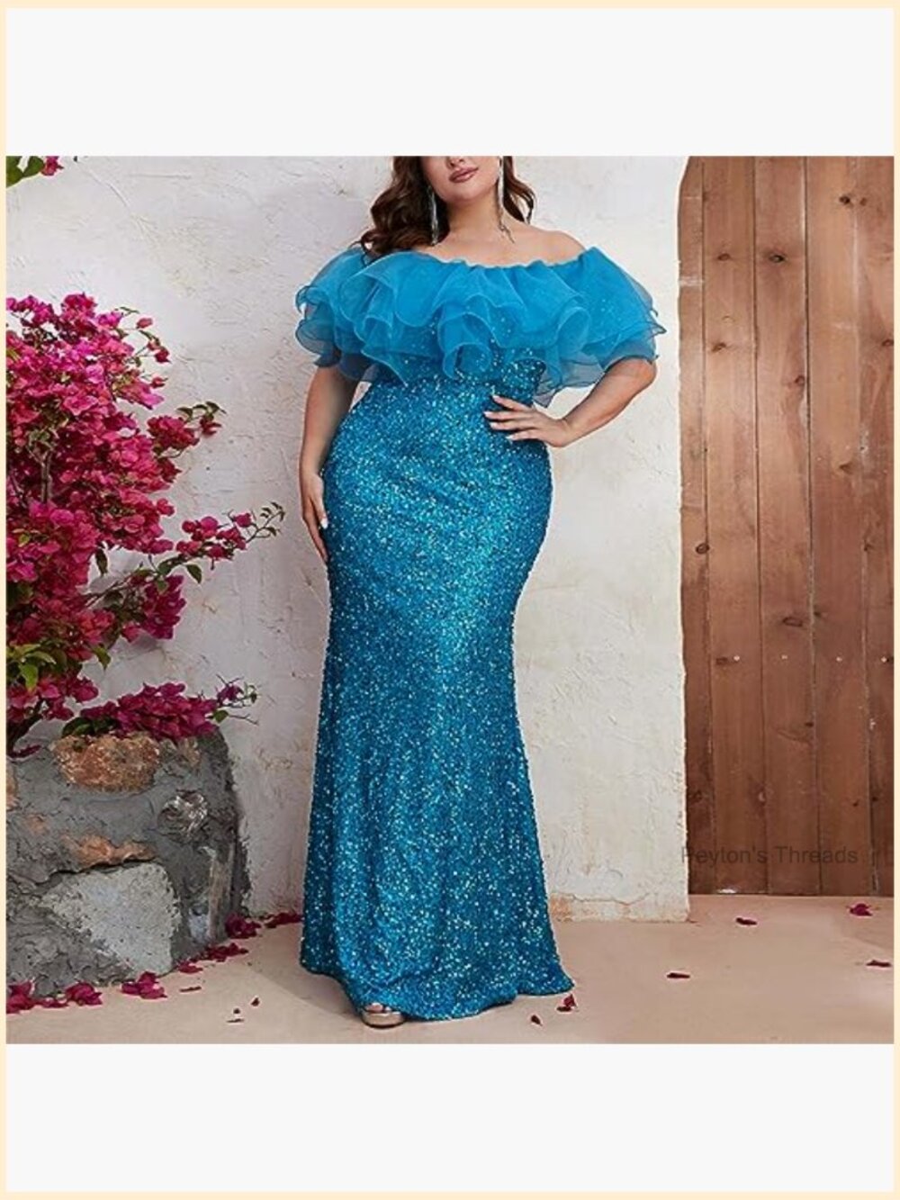 Sequined Off Shoulder Bodycon Maxi Formal Gown Ruffle Dress - Picture 3 of 7